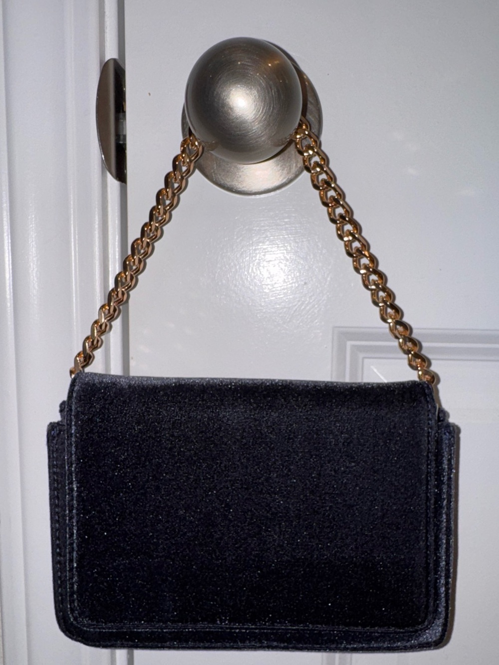 Anthropologie Dark Blue Velvet Crossbody Wallet Gold Chain Strap